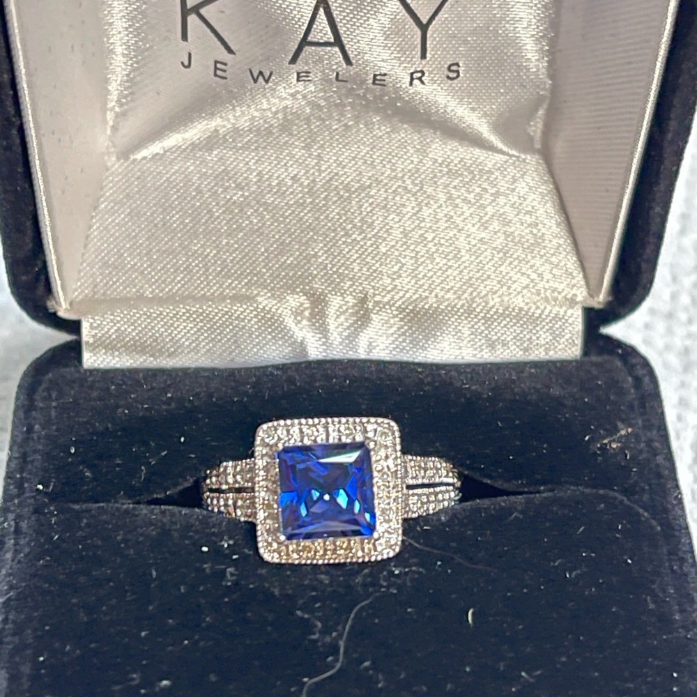10K White Gold Princess Cut Lab-created Sapphire Ring with Diamond Accents